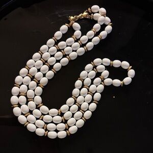 Vintage White and Gold Beaded Necklace double strand gold accents